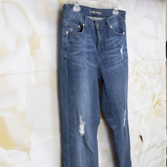 Michael Kors Dillon Relaxed Distressed Size 8 Medium Wash Denim Jeans - Picture 3 of 10